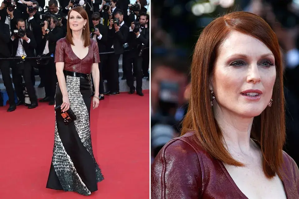 Vestido de dos piezas: la parte superior de cuero bordó y la inferior una falda con vuelo y líneas diagonales para Julianne Moore ¡Lo aprobamos! Es palabra de Louis Vuitton