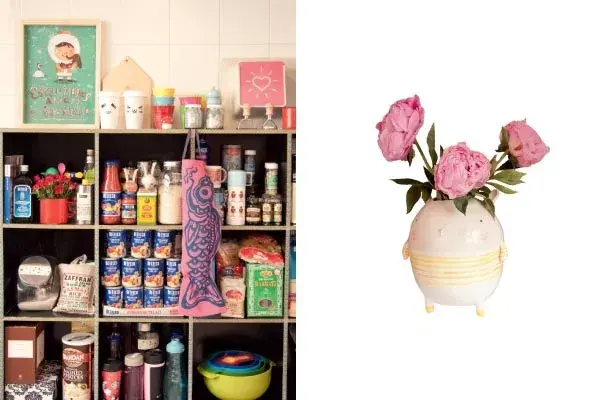 Izq.: Una alacena bien surtida con cosas que traen de todas partes del mundo. Der.: Florero Osvaldo, diseñado por Miga de Pan.