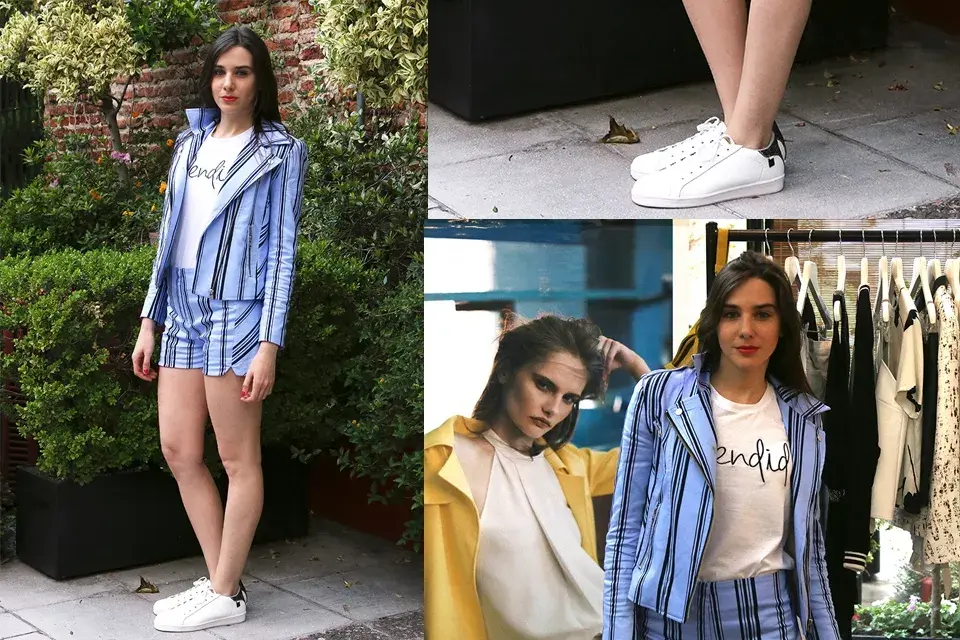 María Abadi se animo a combinar chaqueta y short con rayas