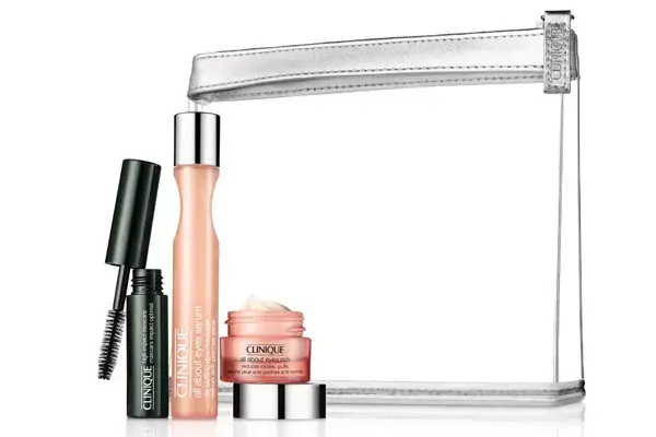 Set All About Eyes de Clinique, incluye serum descongestivo, hidratante para el contorno del ojo, máscara y portacosméticos ($210)