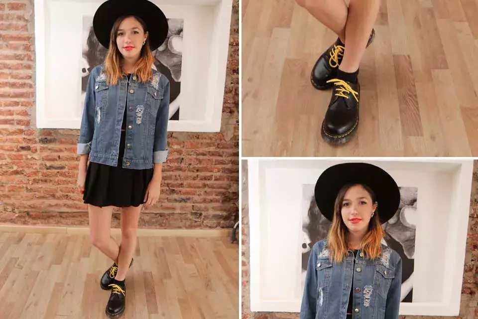 Cande Vetrano con un equipo muy canchero: campera de jean, vestido negro y mocasines; ¡El sombrero, infaltable para cerrar el outfit!