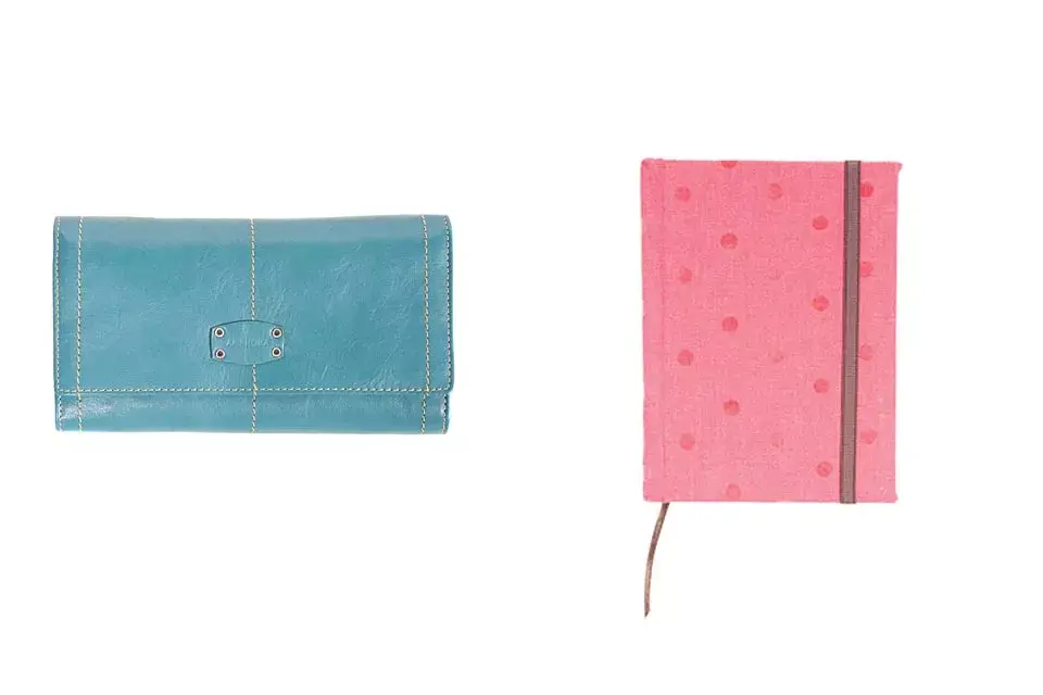 Billetera con varias divisiones ($159, Falabella), cuaderno de apuntes ($150, La Mercería)