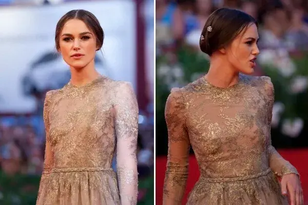 Otra versión con horquillas. Keira Knightley con chignon y apliques con forma de flores