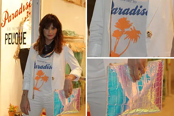 Con un look bien de verano, en blanco y con remera estampada, Vitto Saravia pasó por el nuevo local de Peuque en Recoleta. ¡Nos copó el sobre metalizado!