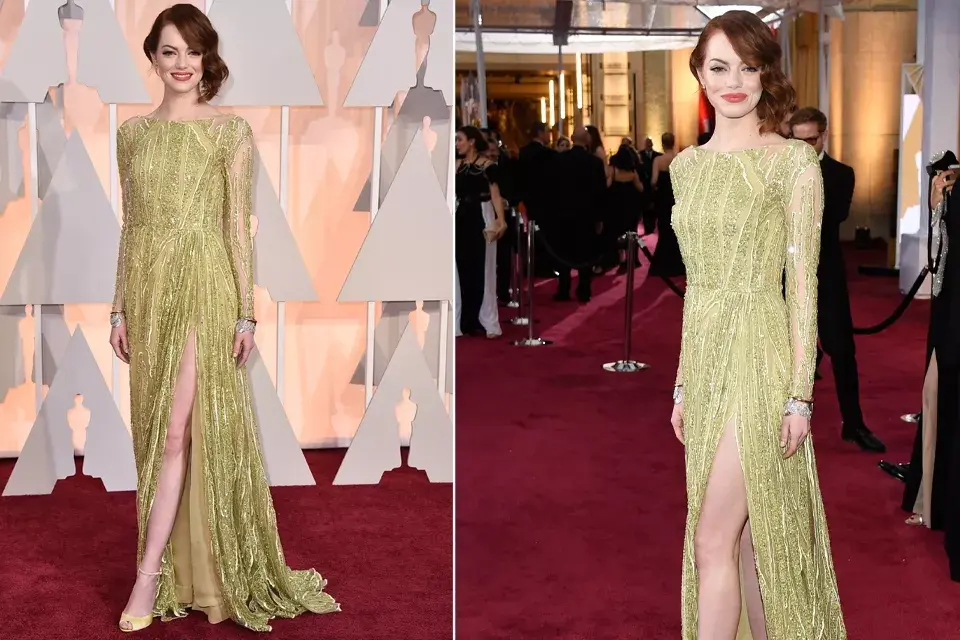 Emma Stone eligió un vestido de Elie Saab en uno de sus colores favoritos: el verde. Con mangas largas y un tajo profundo, Emma lució sensual y femenina con este look cargado de transparencias y lentejuelas