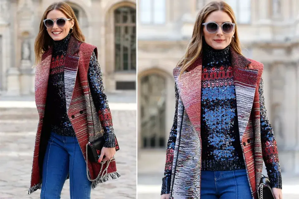 La bloguera y empresaria de moda Olivia Palermo siempre logra destacarse por su estilo en las semanas de la moda. Acá la vemos con un look que cambina el marsala (el color del año) con el azul y negro. ¡Perfecta!