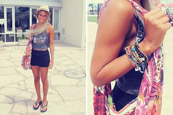 Mini con voladitos, musculosa con estampa, y sombrero panamá: ¡una combinación imbatible! ¿Qué te parecen los accesorios?