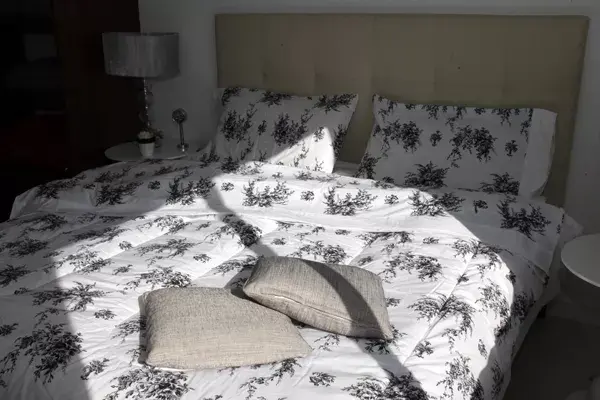 El dormitorio recibe luz natural sobre el sommier con respaldo Four Seasons ($4261 sin cuero, Fontenla). Sábanas y acolchado floreados en blanco y negro de la línea Cannon Style (karatex)