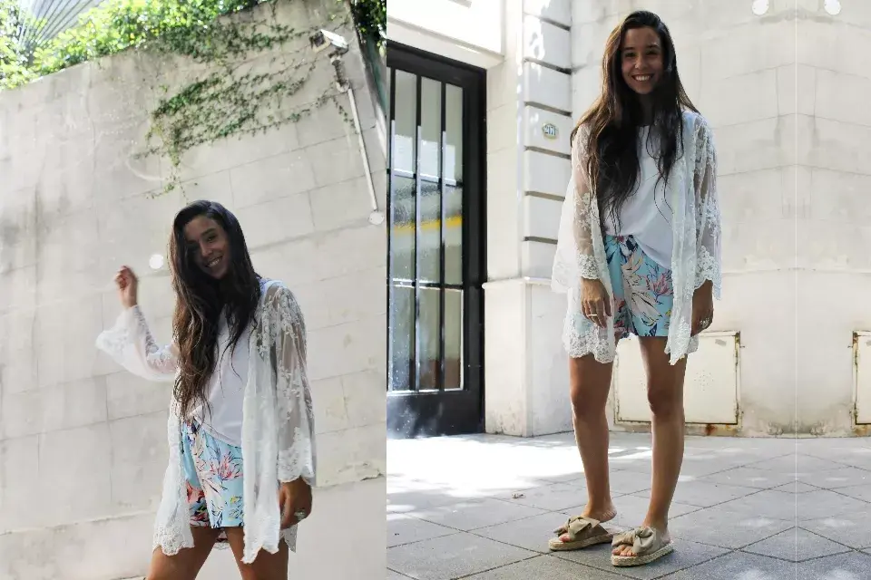 Kimono $1176 de Rimmel / Blusa $630 de Lia Trademark / Short $480 de Lia Trademark / Sandalias $1350 de Bailo Donnet