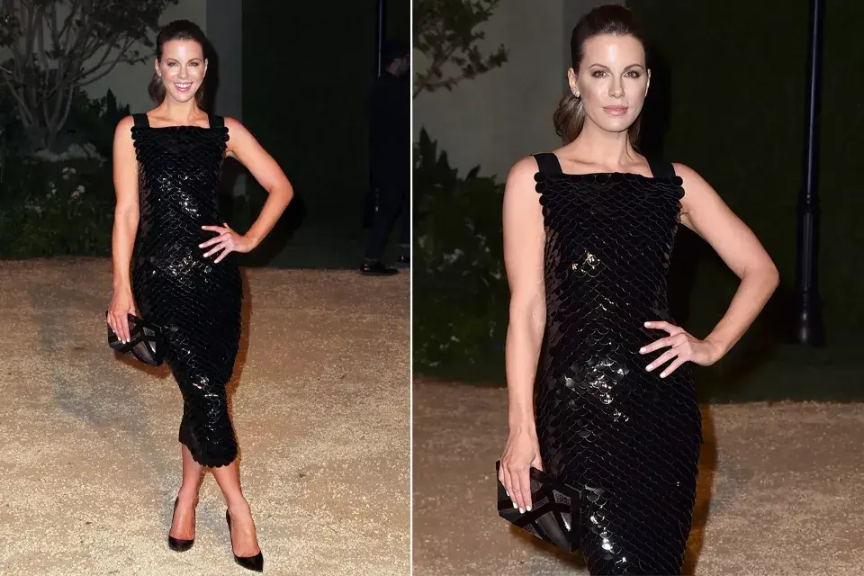 Kate Beckinsale, más clásica, eligió un look en total black y no falló