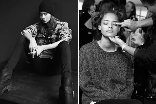 La modelo durante un shooting de todos y en el backstage de un desfile