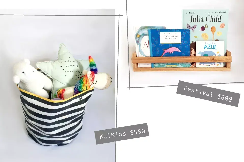 Canasto juguetero de KulKids $550 / Biblioteca de Festival $600