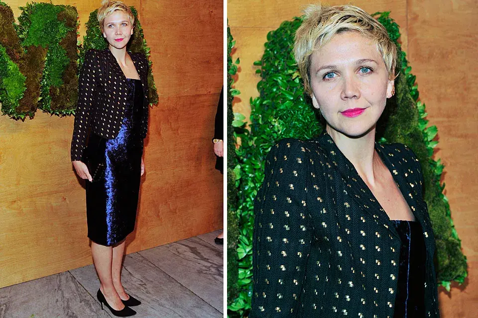 Maggie Gyllenhaal, demasiado seria, no? Usó un vestido recto tornasolado y una chaqueta