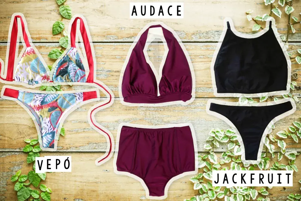 Bikini triangulito $935 de Vepó / Bikini bordó tiro alto $990 de Audace / Bikini con top estilo deportivo negra $850 de Jackfruit