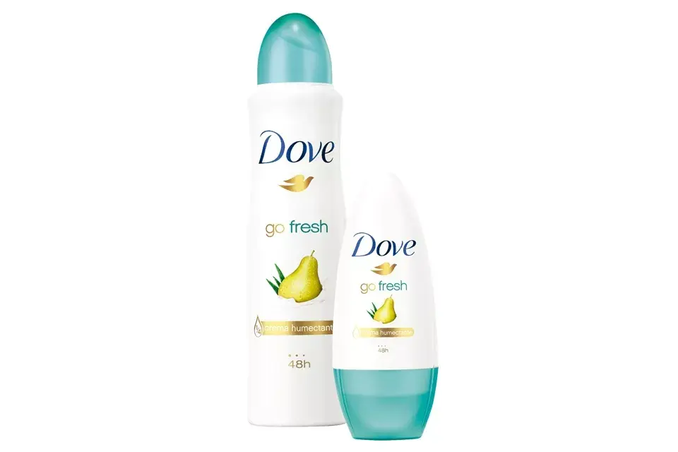 Go fresh, anti-transpirante con aloe vera y pera, en aerosol y roll-on, $68, c/u, Dove