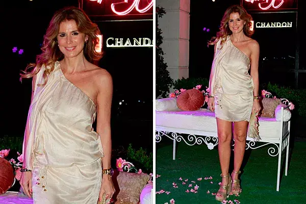 Para la fiesta de Chandon, Flavia Palmiero eligió un vestido de seda de un solo hombro que combinó con sandalias doradas