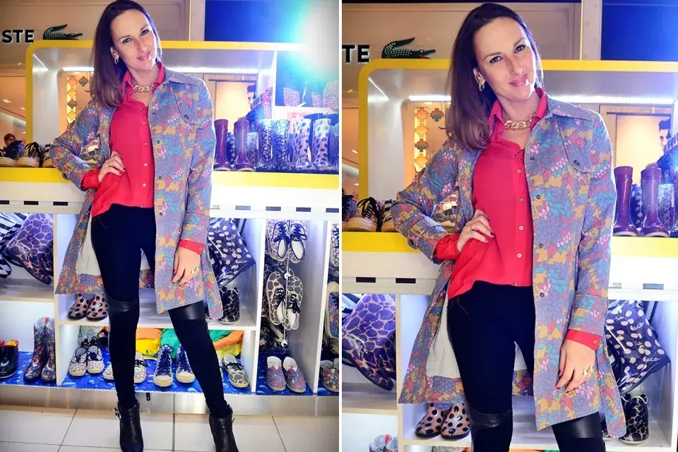 Cata Spinnetta optó por un equipo colorido para la inauguración del local de Seco, en Rosario. Camisa fuscia, leggins con recortes de cuero y un trench bien colorido