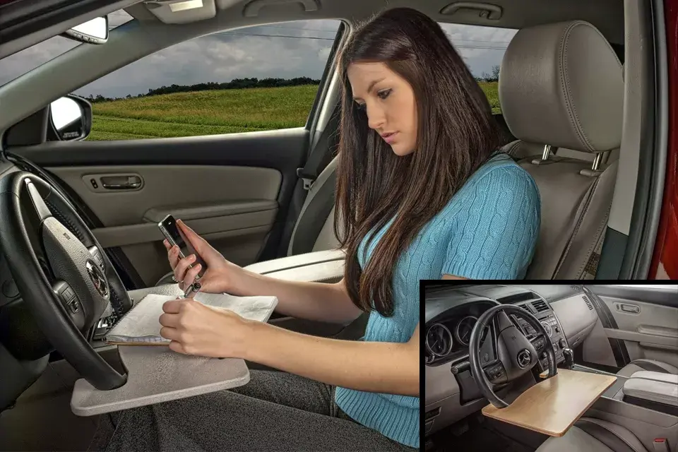 Para los que frenan un rato a trabajar en el auto, una mesita muy útil para apoyar una compu, escribir o ¡hasta comer!