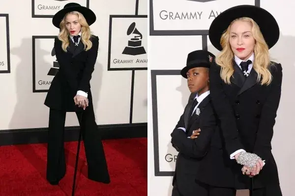 Madonna siempre marca la diferencia. La reina del pop pisó la alfombra roja con su hijo, David, y lo hizo con un look masculino, de Ralph Lauren. Sombrero, bastón, mitones de diamantes, todo elegido por el pequeño David ¿Qué tul?