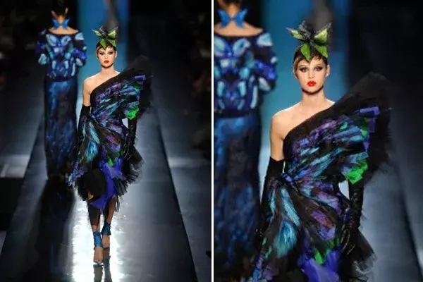 Una colección con plumas, colores, mitones largos y mcuhas mariposas