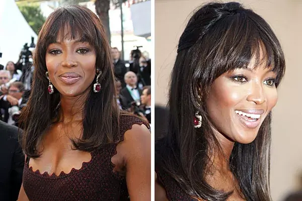 Naomi Campbell, con el pelo suelto, bien lacio y un flequillo que resalta sus facciones