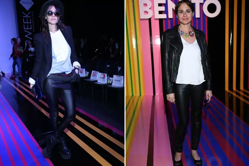 De negro y blanco, Concepción Cochrane optó por un blazer negro, pantalones de cuero y mitones para el desfile de Benito Fernández. Natalia Lobo se sumó al look, pero agregó un collar divino para darle un poco de color