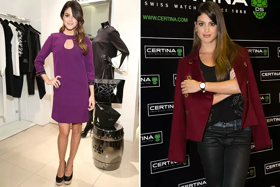 Agustina Casanova, con dos estilos bien distintos. Elegante, con un vestido color uva, en la presentación de la linea casa de Evangelina Bomparola y George Home Couture, y con un look más de noche en la la joyería Times Square