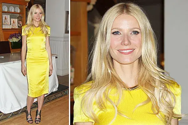 Amarillo brillante fue el color elegido por Gwyneth Paltrow, que no pasó desapercibida con su vestido de Rachel Roy; lo combinó con sandalias color peltre