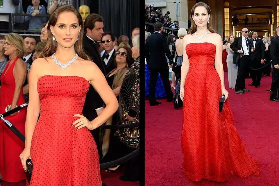 Natalie Portman  optó por un strapless vintage de color rojo con lunares de Christian Dior Haute Couture, de 1954, que acompañó con una importante gargantilla de brillantes