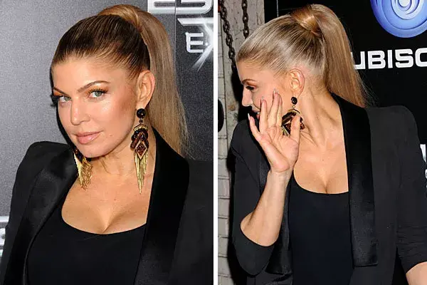 Fergie usó una cola de caballo bien alta y tirante, que la ató con el mismo pelo