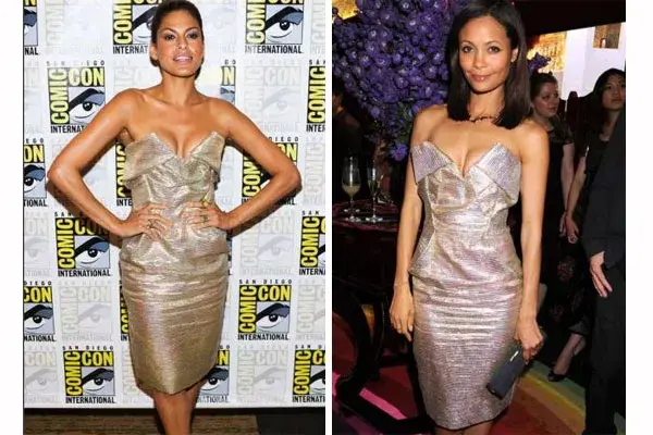Eva Mendes y Thandie Newton usando un vestido tornasolado de Vivienne Westwood