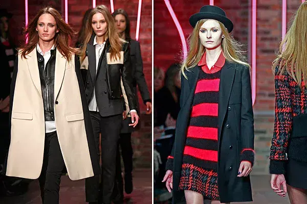 DKNY: Donna Karan presentó una colección urbana, con algunos toques boho y mod; la silueta se ensancha con sweaters y cardigans extra large