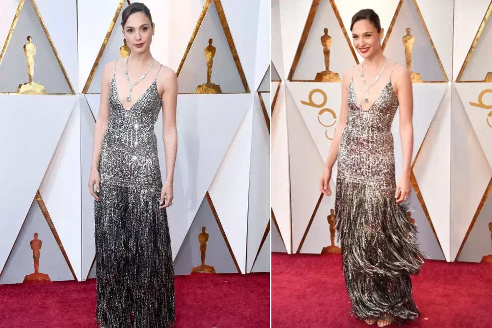 Gal Gadot, con un vestido que combinaba lentejuelas y flecos de Givenchy y un mega collar de brillantes