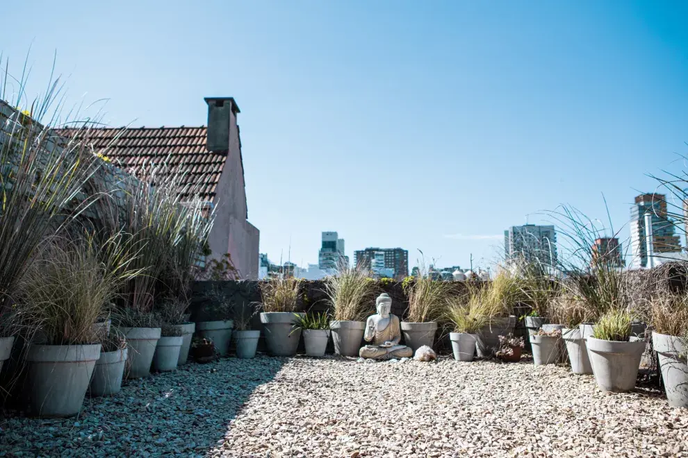 De la casa la cautivó la terraza con aroma a mar: piedritas, hojas verdes que se mueven con el viento, una pérgola de madera con lucecitas y un buda, a lo lejos, que vigila y regala tranquilidad mental.