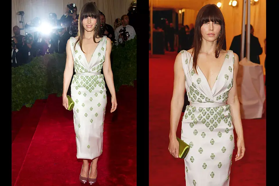 Bastante discreta, Jessica Biel optó por un vestido de escote en V de Prada de seda blanca con detalles bordados en verde