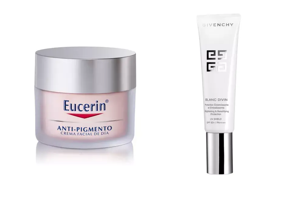 Crema de día anti-pigmento, con FPS y filtros UVA, $870, Eucerin. Blanc Divin, tratamiento aclarante con vitamina C, $1220, Givenchy