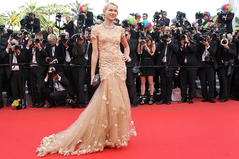 Naomi Watts eligió un vestido muy romántico de Marchesa, con apliques de plumas y falda de tul