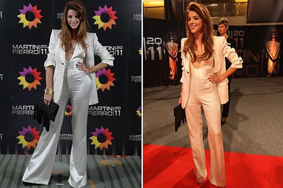 Calu Rivero con un mono blanco de Evangelina Bomparola de escote vértigo, botamangas anchas y hombreras bien marcadas; ¡Divino este look!