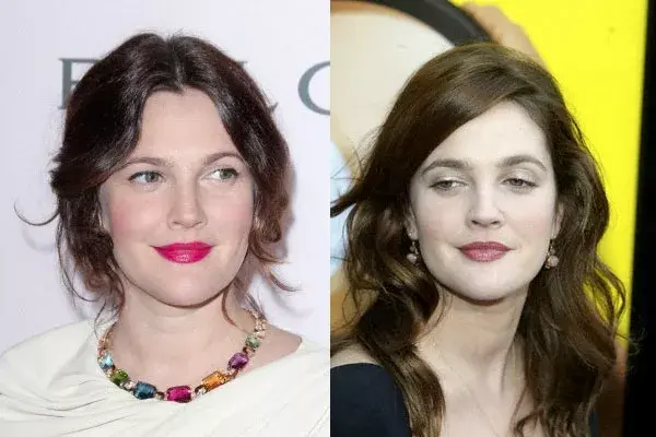 Drew Barrymore evita los cortes muy simétricos y la vemos mucho con flequillos al costado