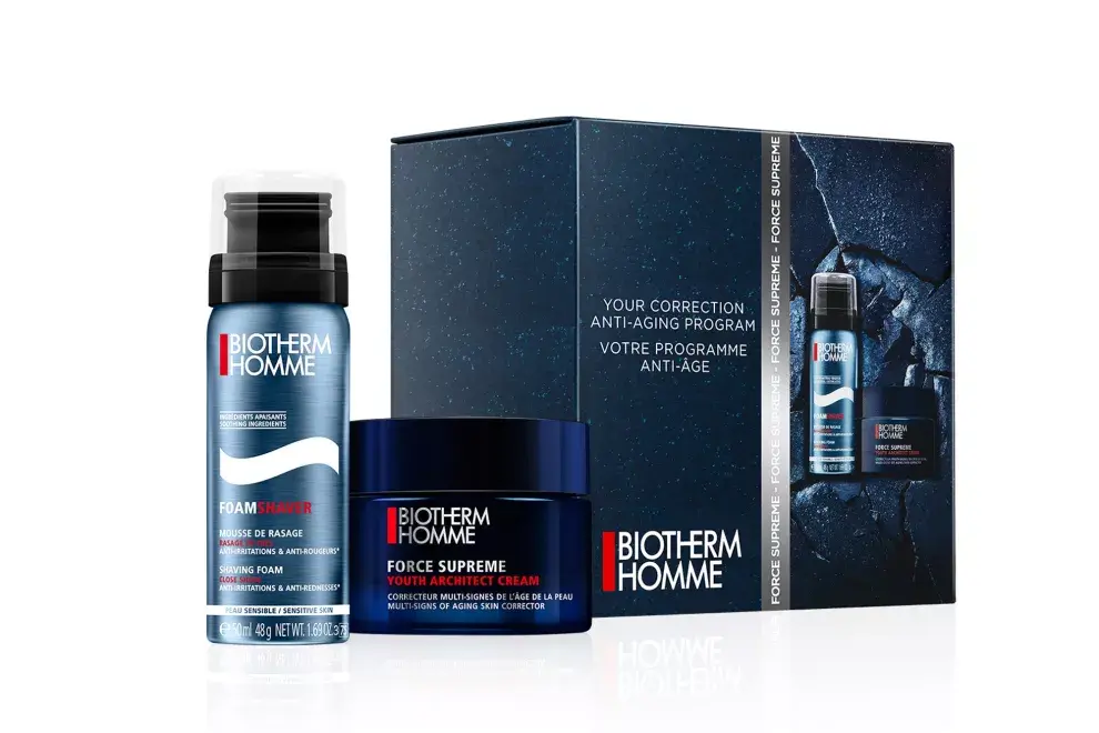 Force Supreme duo Kit, para los que cuidan su piel. Contiene mousse para afeitar y crema multi correctora para pieles sensibles (Biotherm, $2250). 