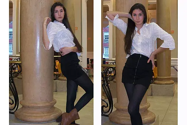 Laura Jaureguiberry eligió para su look una camisa color nude de Como Quieres Que Te Quiera, pollera tubo de Tucci,  medias negras de Cocot y botas color suela de taco bien alto