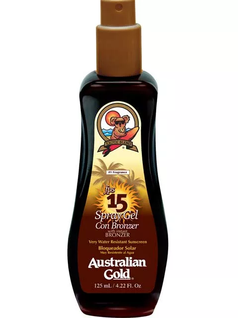 Bronceador spray en gel, Australian Gold SPF 15 Travel Size, $200