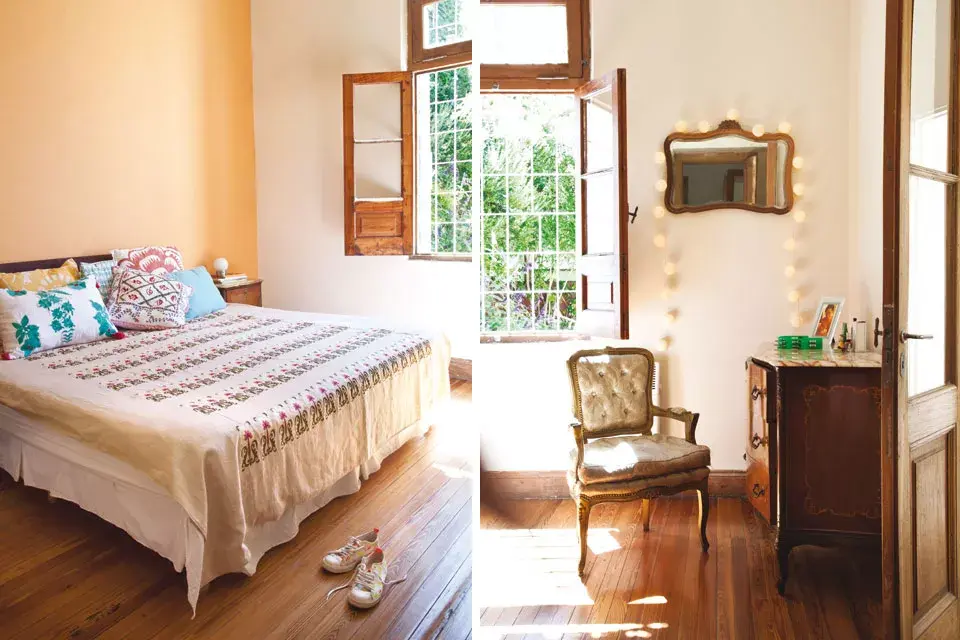 El cubrecama crudo de lino bordado con flores ($5370) le da vida al cuarto, junto con los almohadones (desde $1400, todo de La Serine, para Boulevard Sáenz Peña)