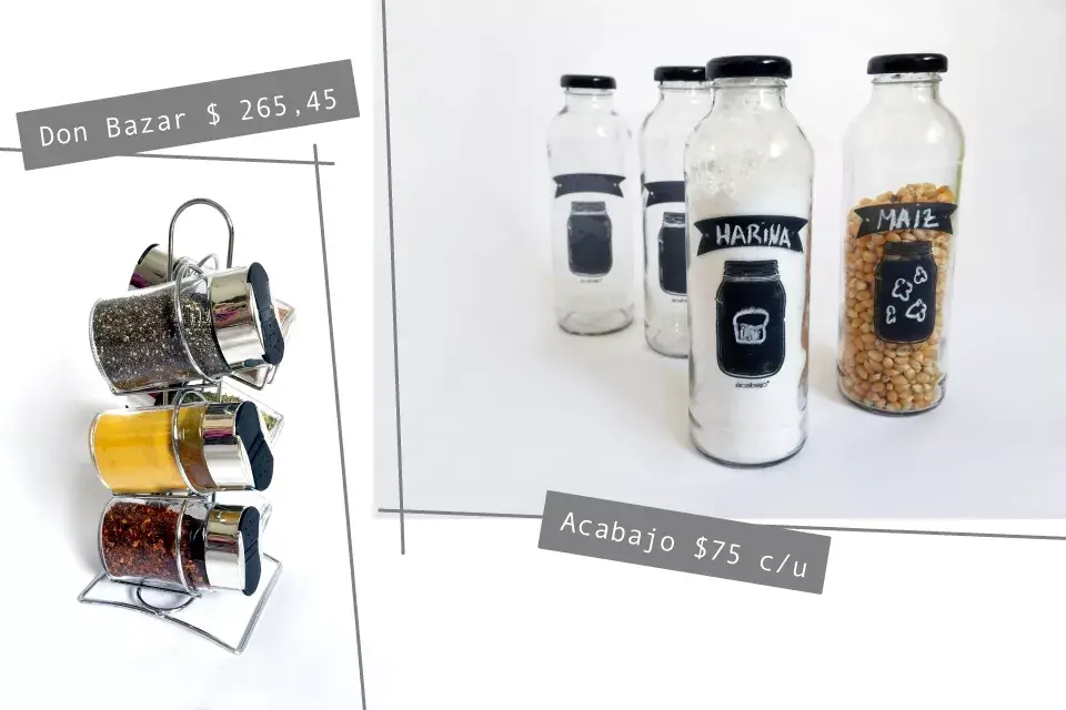 Especiero de Don Bazar $265,45 / Botellitas con etiquetas pizarrón de Acabajo $75 c/u