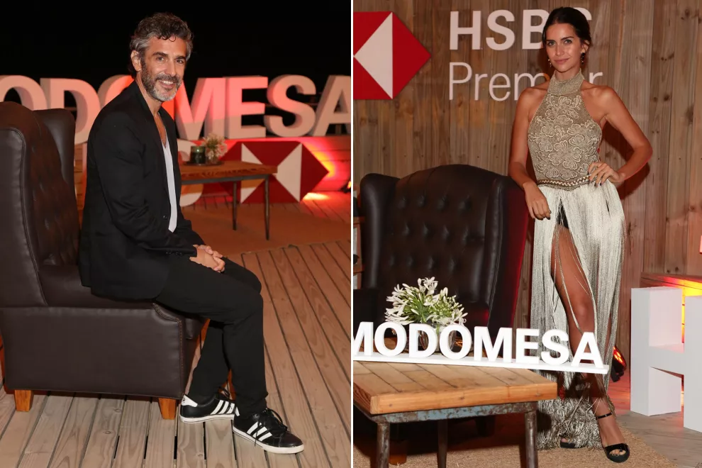 Leo Sbaraglia, muy canchero con traje saco, remera y zapatillas; y Zaira Nara, con un vestido con cuello halter y falda de flecos en el evento de HSBC 