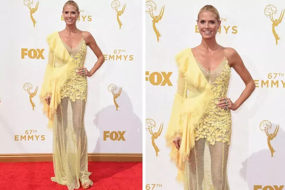 ¿Qué pasó Heidi? Esta vez la supermodelo Heidi Klum falló en la elección de su outfit. ¿Qué se puso? Un vestido amarillo de Atelier Versace que no le sentaba ni un poco