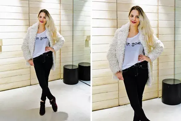 Look rocker para Ivana Figueiras. La modelo eligió un tapado de piel, remera básica y jean negro