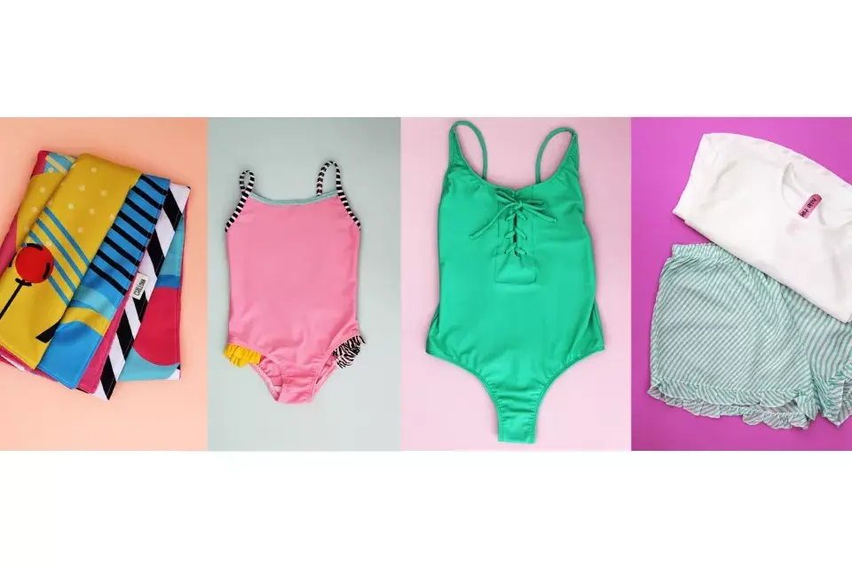 Lona $460 de Chillonas / Traje de baño rosa de niña $580 de Alaska / Traje de baño verde $900 aprox de Valus / Pijama, short $310 y remera $290 de Hallo Filly /