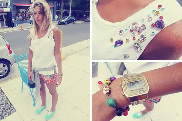 Súper canchera para salir a caminar, flores, piedras, zapatillas turquesas y reloj dorado