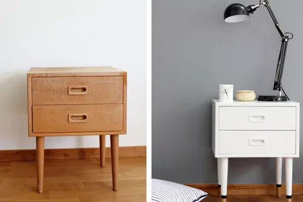 Un "Antes y después" de una mesitas de luz que encontró en un mercado de pulgas, las pintó de blanco y les dejó las patas con su color original y, para mejorar un poco la terminación, les agregó tape negro en la separación que hay entre la pintura blanca y las patas naturales.